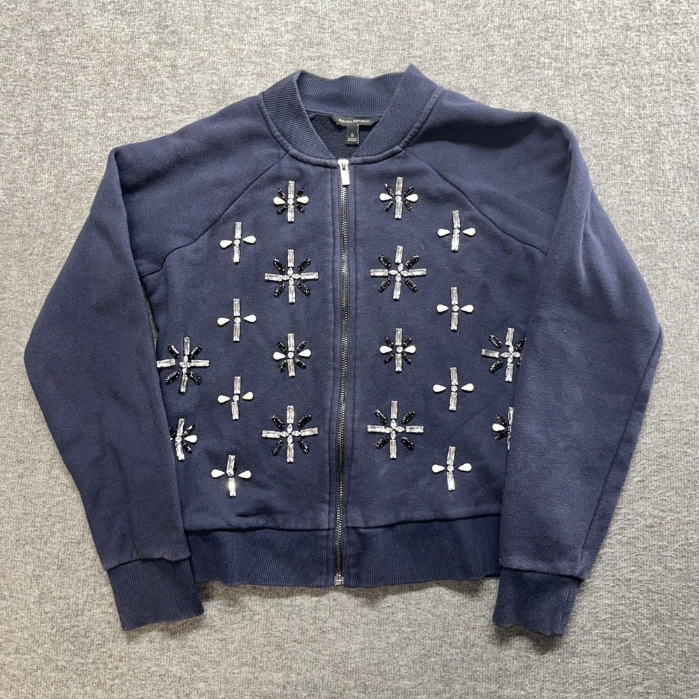 Banana Republic Navy Blue Embellished Crystal Zip Front Bomber Sweatshirt Small